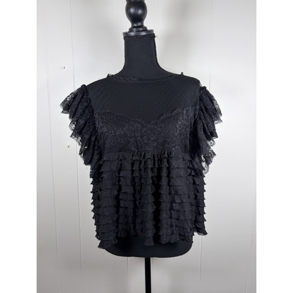 Maeve Anthropologie Black Ruffled Tulle Lace Blouse Sheer Polka‎ Dot Mesh Top L